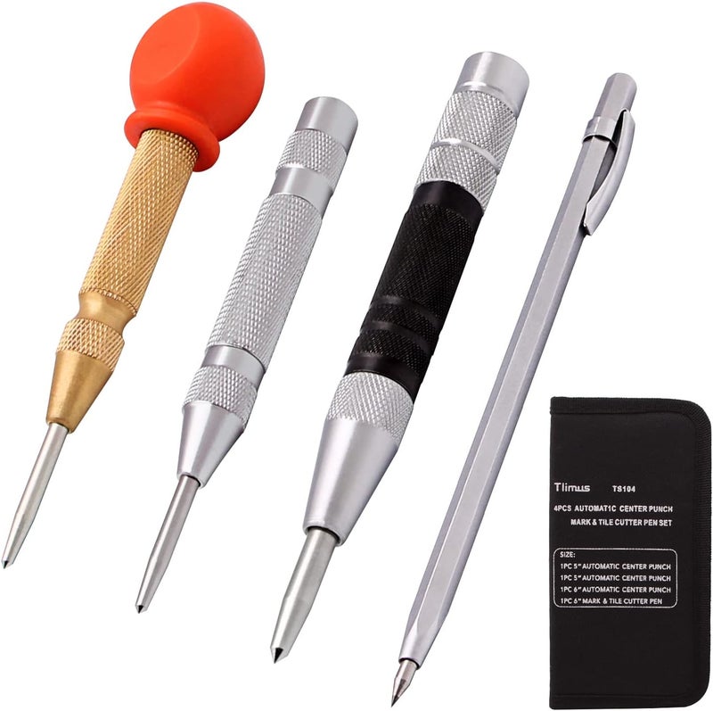 Tlimus Store طقم مثقاب مركزي تلقائي 4 عبوات 5 بوصة و 6 بوصة، مثقاب مركزي قابل للتعديل مزود بنابض ومسطرة نقش معدني للأعمال الخشبية مع حقيبة تخزين الأدوات - Image 1